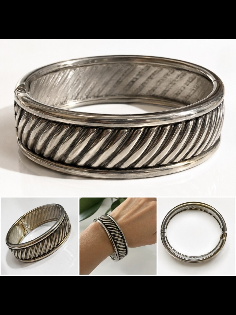 Silver Tone Textured Hinged Bangle Bracelet Wide Cuff Statement Jewelry